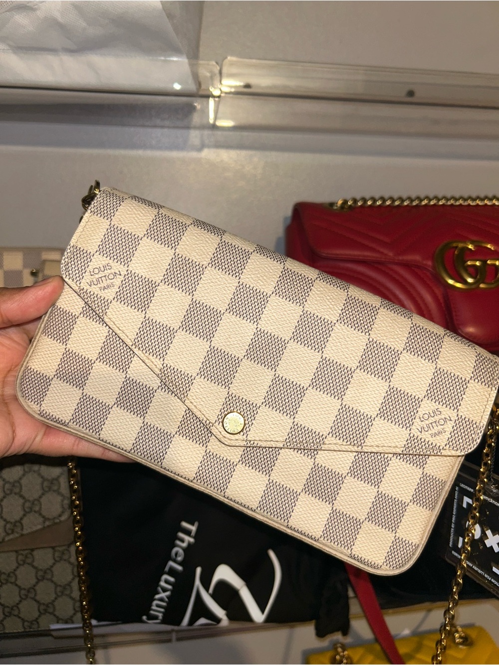 Louis Vuitton Cream Damier Azur Crossbody Wallet with Gold Chain